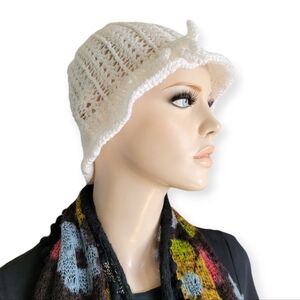 Crochet Bucket Hat with rose and bow in white